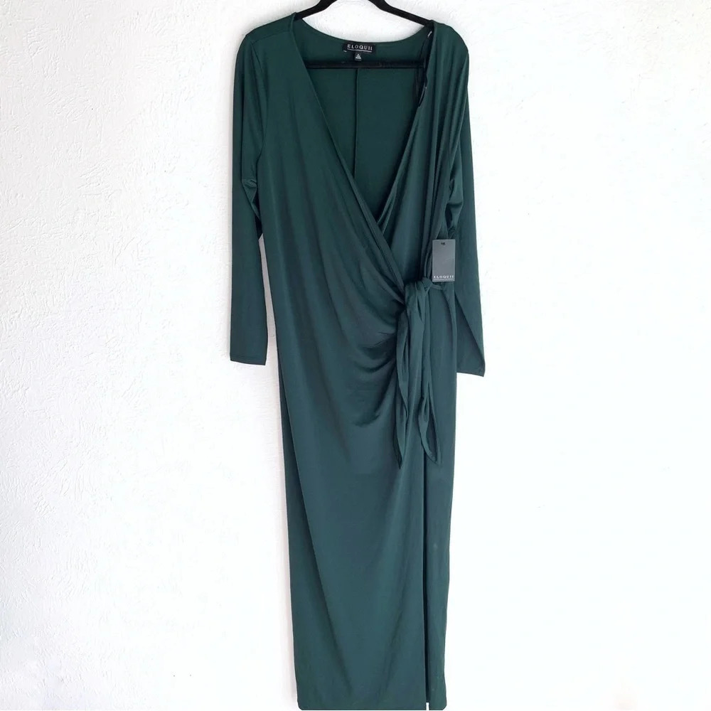Eloquii Wide Neck Wrap Gown Matte Jersey Dark Green Sz 16 NWT - Picture 3 of 6